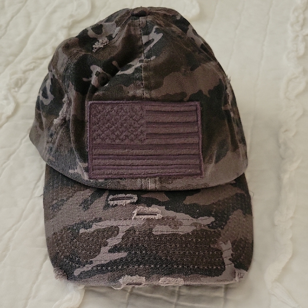 Camo Distressed Hat with Black Flag Patch NWOT Adjustable Strap
